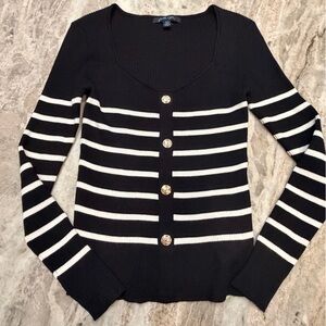 Faith and Zoe Black White Striped Cardigan Gold Buttons Small Preppy
